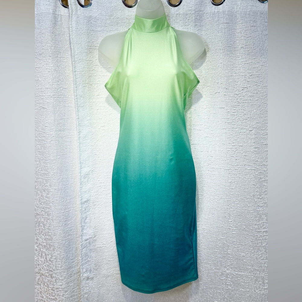 Sexy NWOT Green Teal Yellow Ombre Halter Dress M L Keyhole Back
